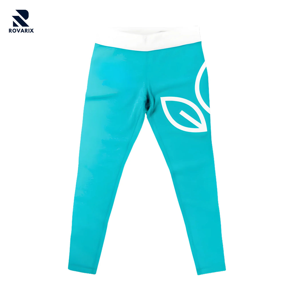 Rovarix turquoise yoga pants showing white contrast waistband and leaf design graphic detail