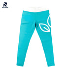 Rovarix turquoise yoga pants showing white contrast waistband and leaf design graphic detail