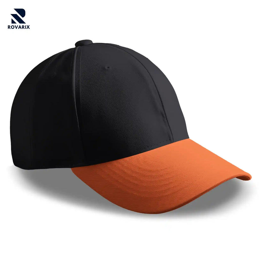 Rovarix two-tone baseball cap with black structured crown and orange curved brim color-blocked design