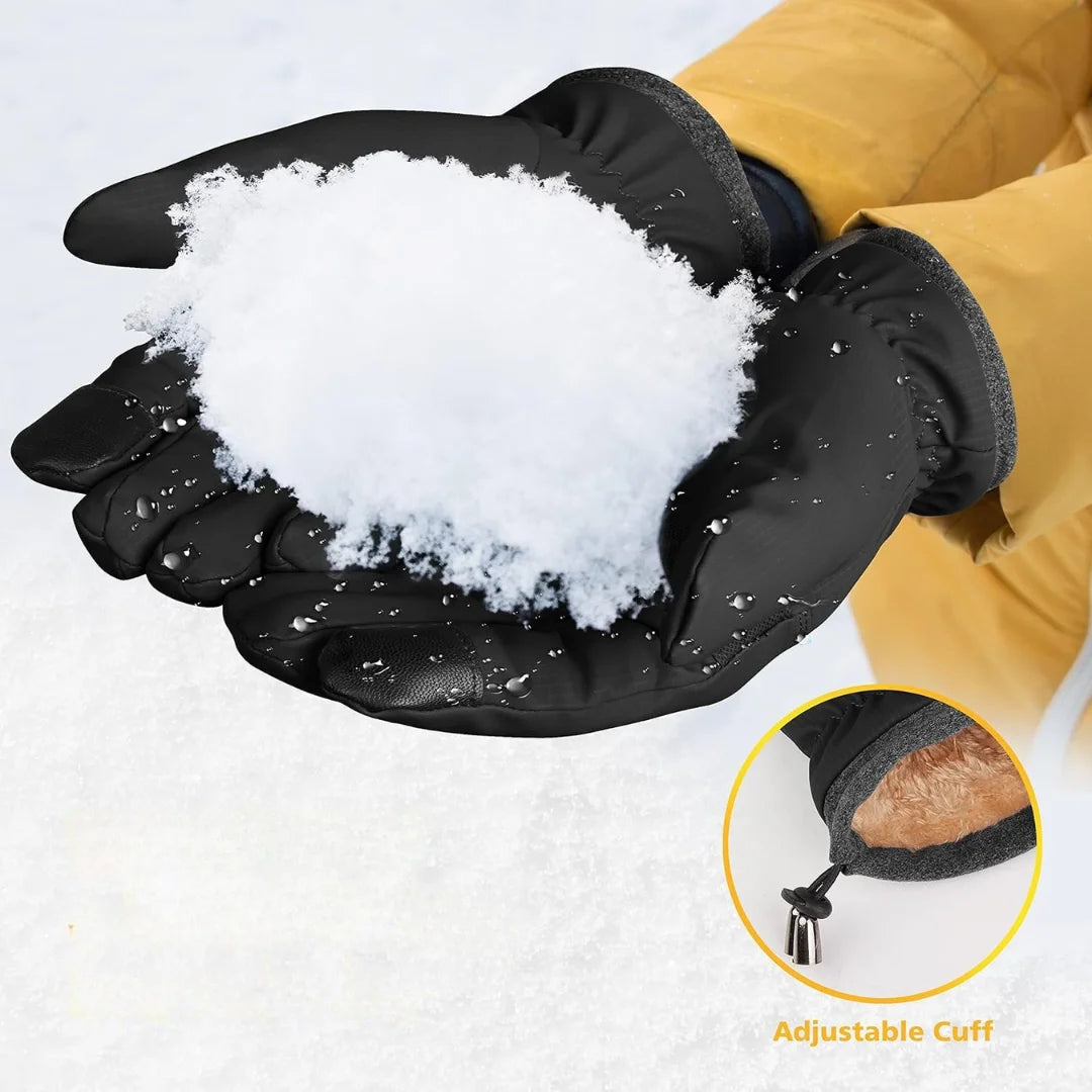 Person wearing Rovarix waterproof winter gloves holding snow showing adjustable cuff and grip