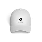 Rovarix white baseball cap front view with black logo centered on crown