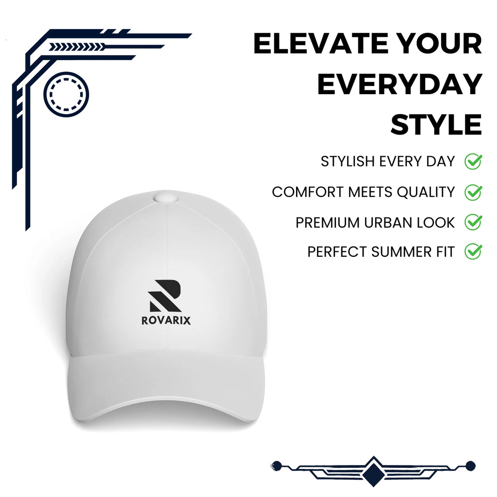 White cap with Rovarix logo on a gray background with promotional text.
