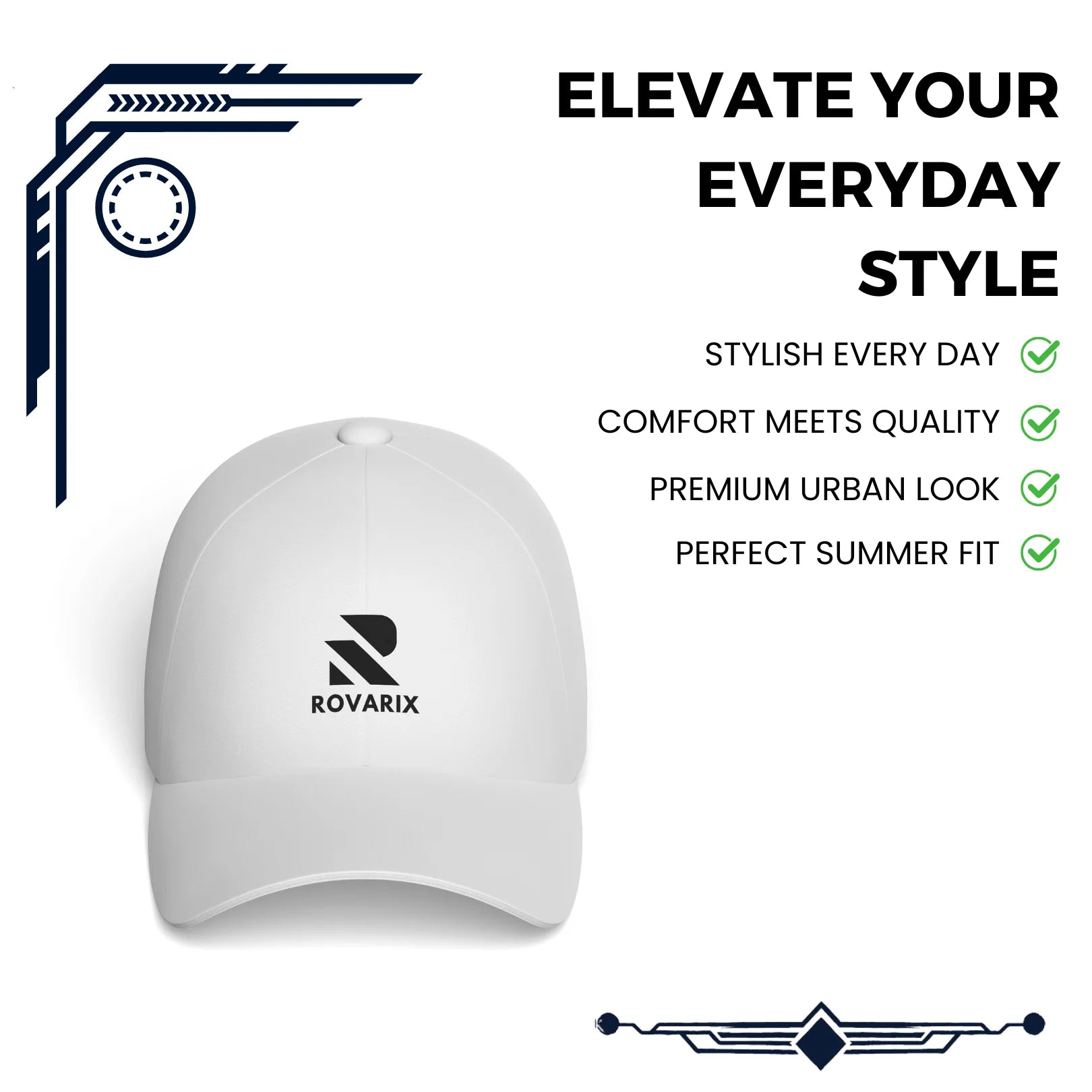 White cap with Rovarix logo on a gray background with promotional text.