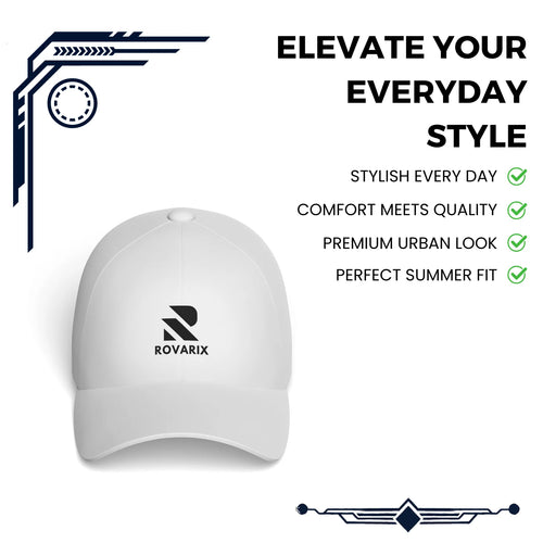 White cap with Rovarix logo on a gray background with promotional text.