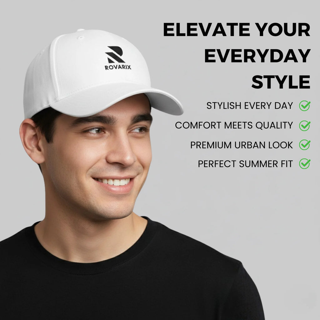 Man wearing a white cap with Rovarix logo on a gray background, featuring product features text.