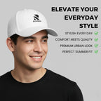 Man wearing a white cap with Rovarix logo on a gray background, featuring product features text.