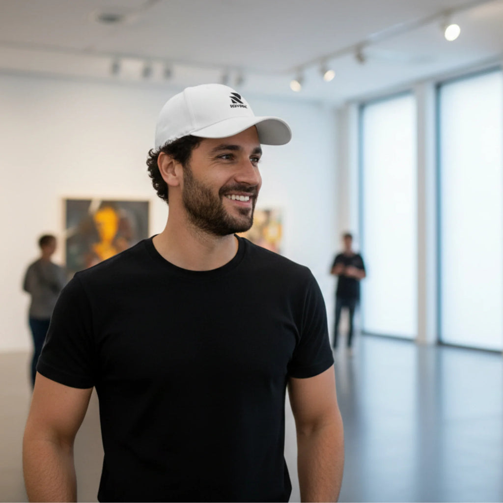 Man wearing a Rovarix white cap and black t-shirt in an indoor setting