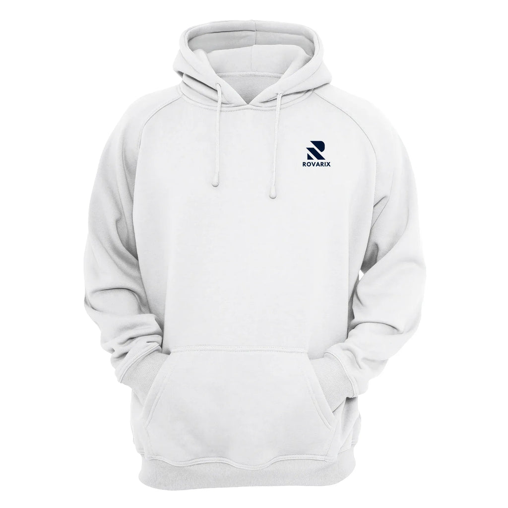 Rovarix white pullover hoodie front view with navy logo on left chest