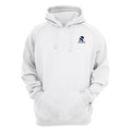 Rovarix white pullover hoodie front view with navy logo on left chest