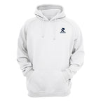 Rovarix white pullover hoodie front view with navy logo on left chest