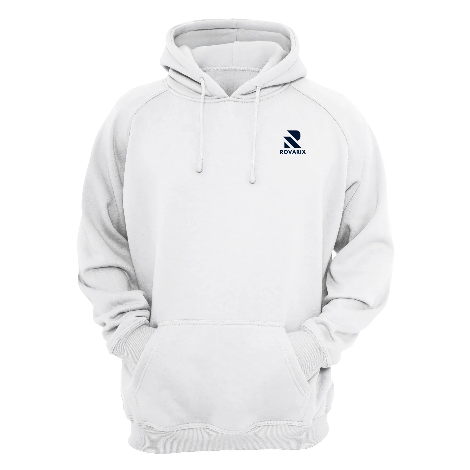 Rovarix white pullover hoodie front view with navy logo on left chest