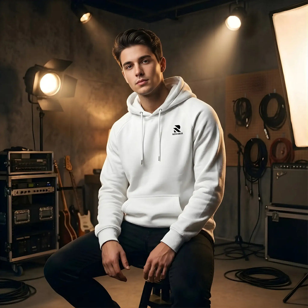 Close-up of Rovarix navy logo embroidered on white hoodie chest