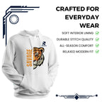 Rovarix white hoodie side angle showing raglan sleeve construction