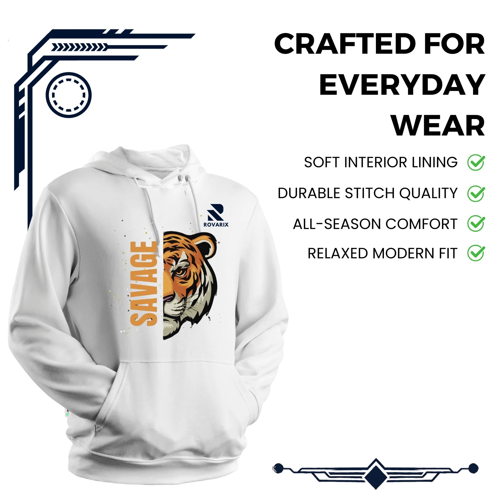 Rovarix white hoodie side angle showing raglan sleeve construction