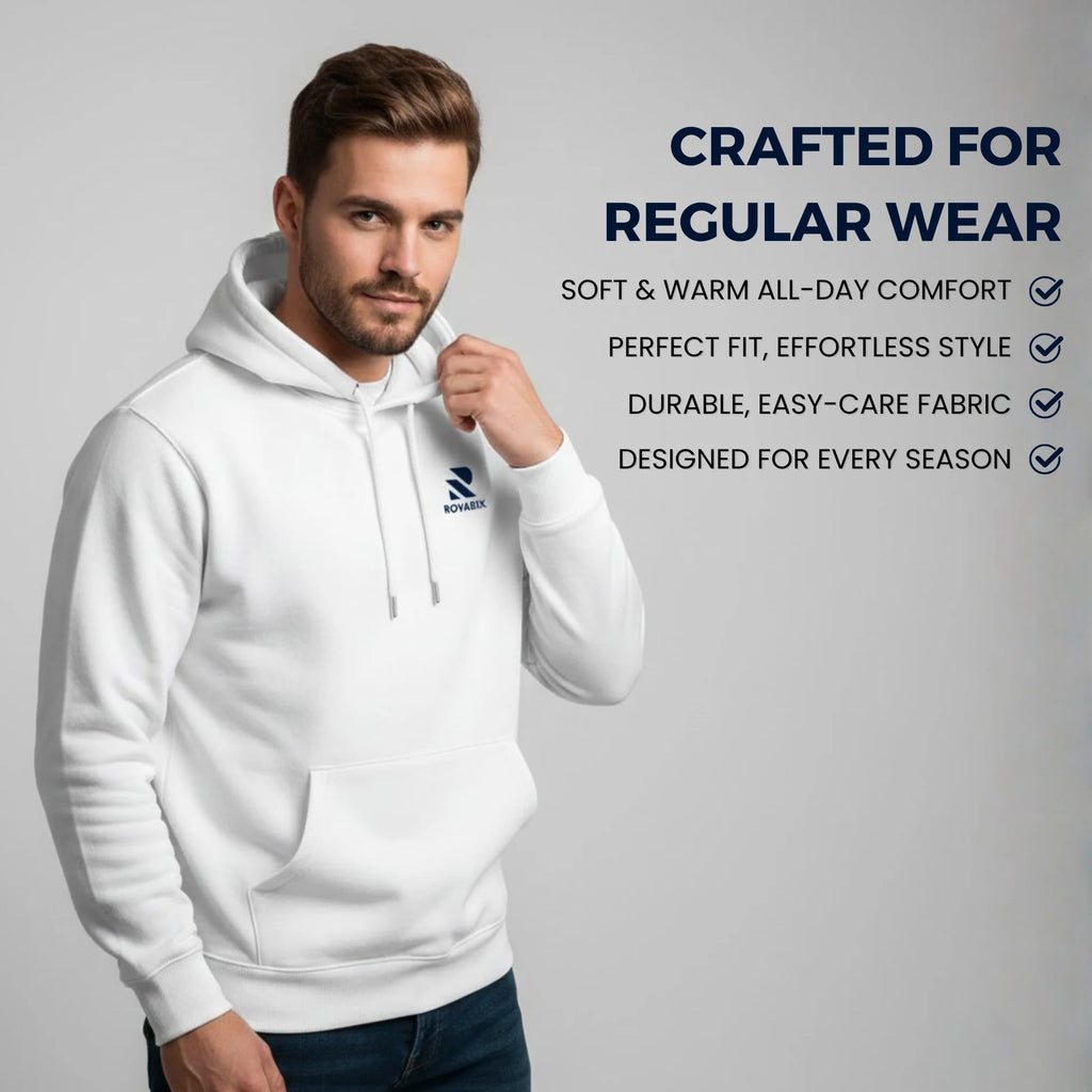 Rovarix white hoodie back view showing clean minimal design