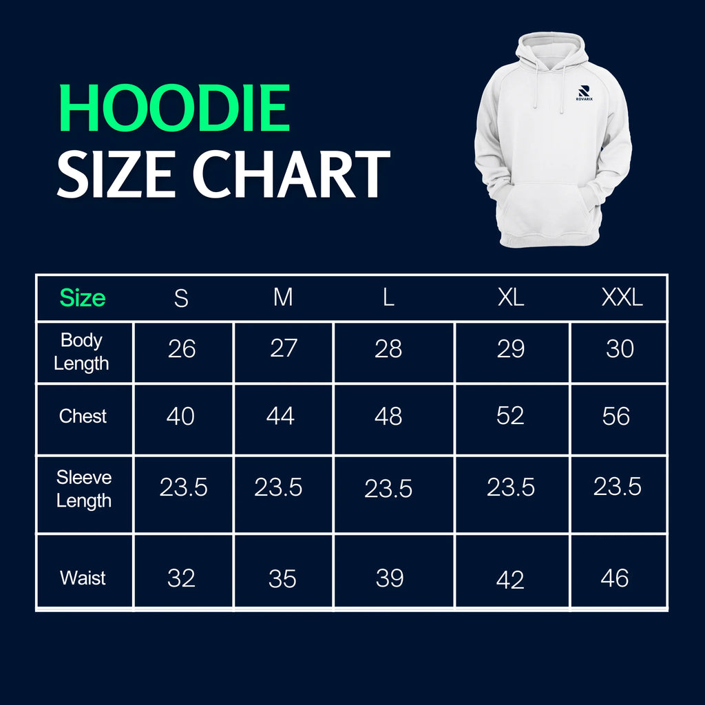 Hoodie size chart with a white hoodie on a navy background