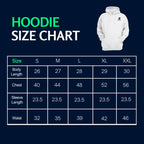 Hoodie size chart with a white hoodie on a navy background