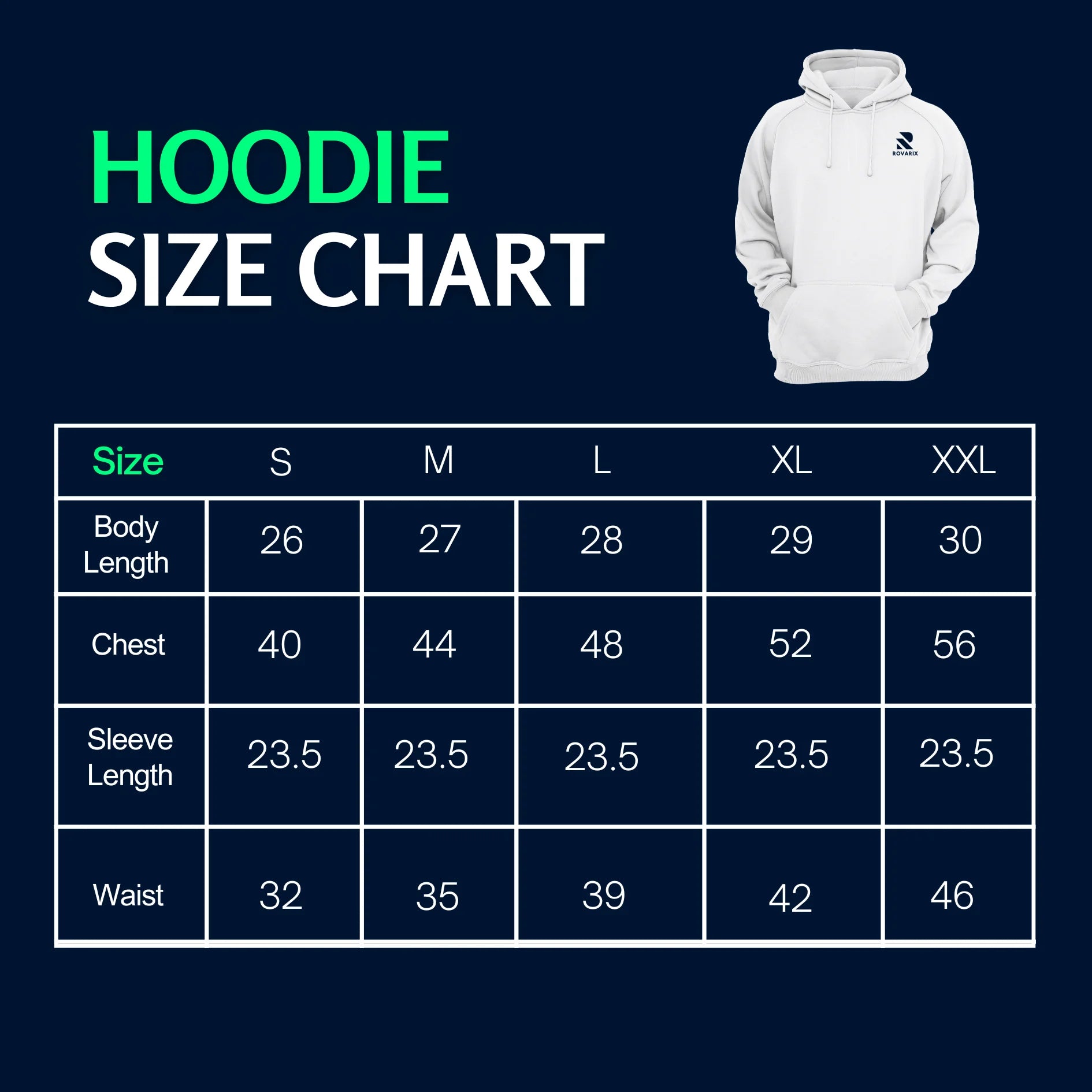 Hoodie size chart with a white hoodie on a navy background