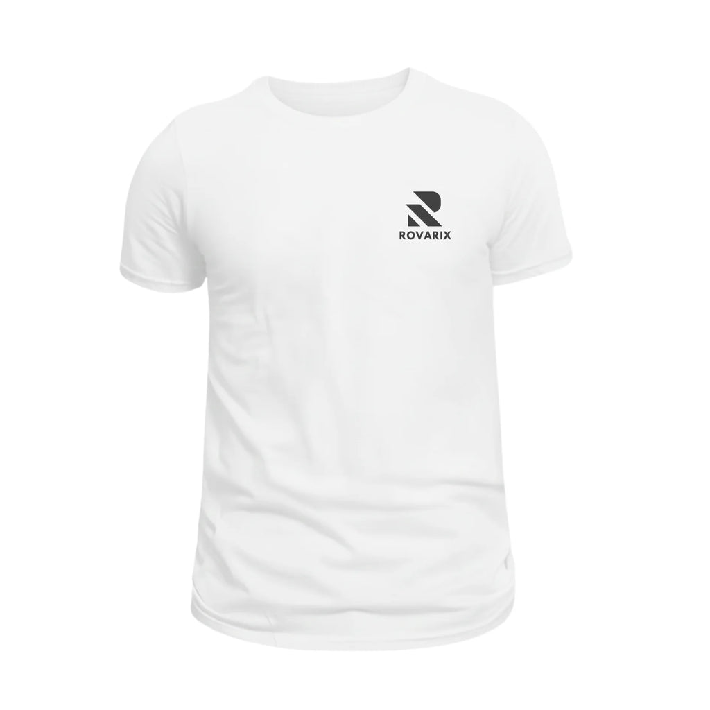 Rovarix white crew neck t-shirt front view with black logo on chest