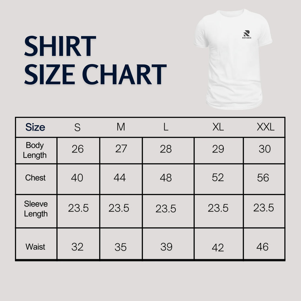 White t-shirt with a Rovari logo on a gray background next to a shirt size chart.