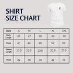 White t-shirt with a Rovari logo on a gray background next to a shirt size chart.