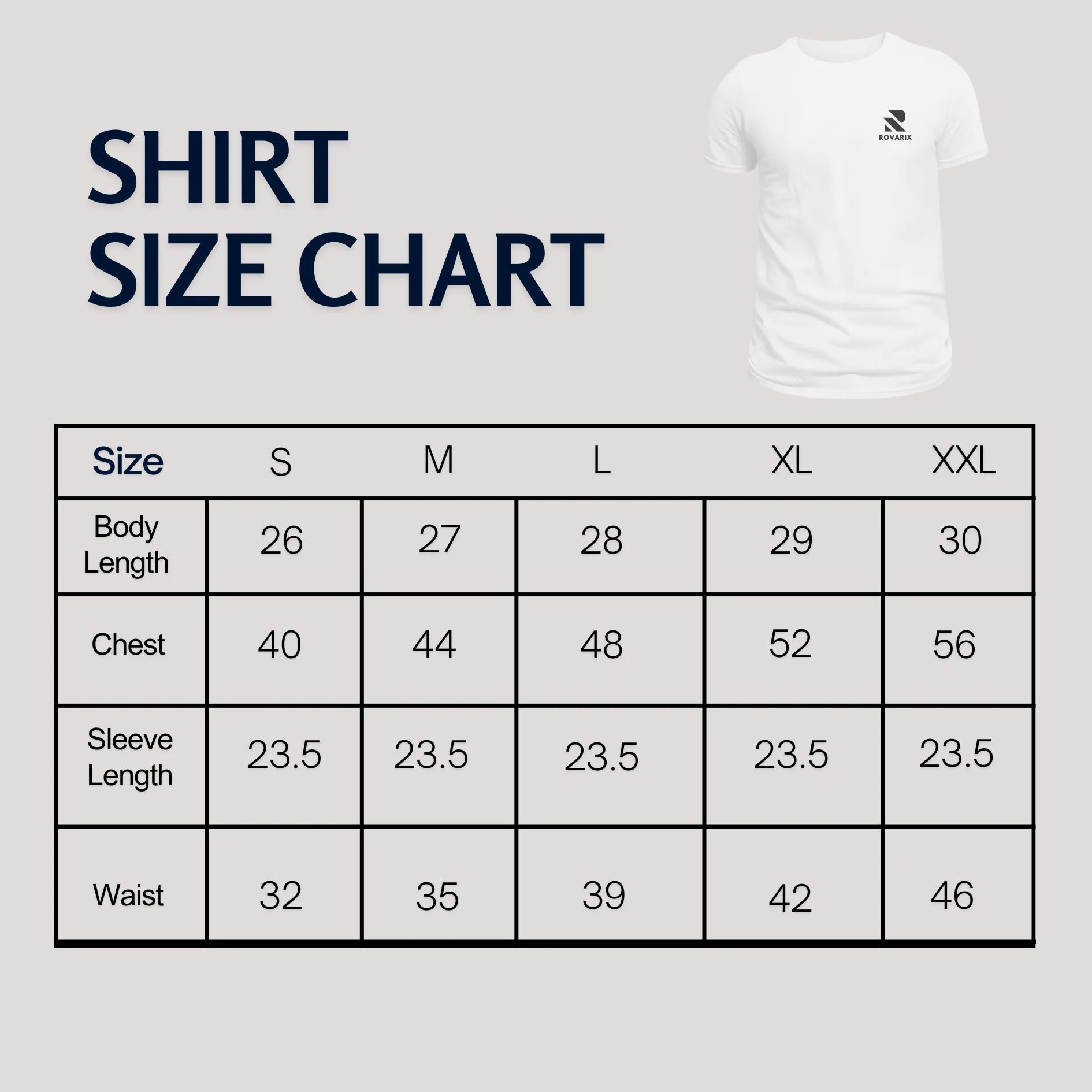 White t-shirt with a Rovari logo on a gray background next to a shirt size chart.