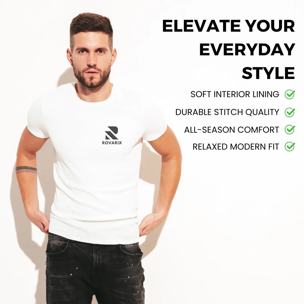 Man wearing a white t-shirt with a brand logo, standing against a white background with text about the shirt's features.