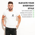 Man wearing a white t-shirt with a brand logo, standing against a white background with text about the shirt's features.