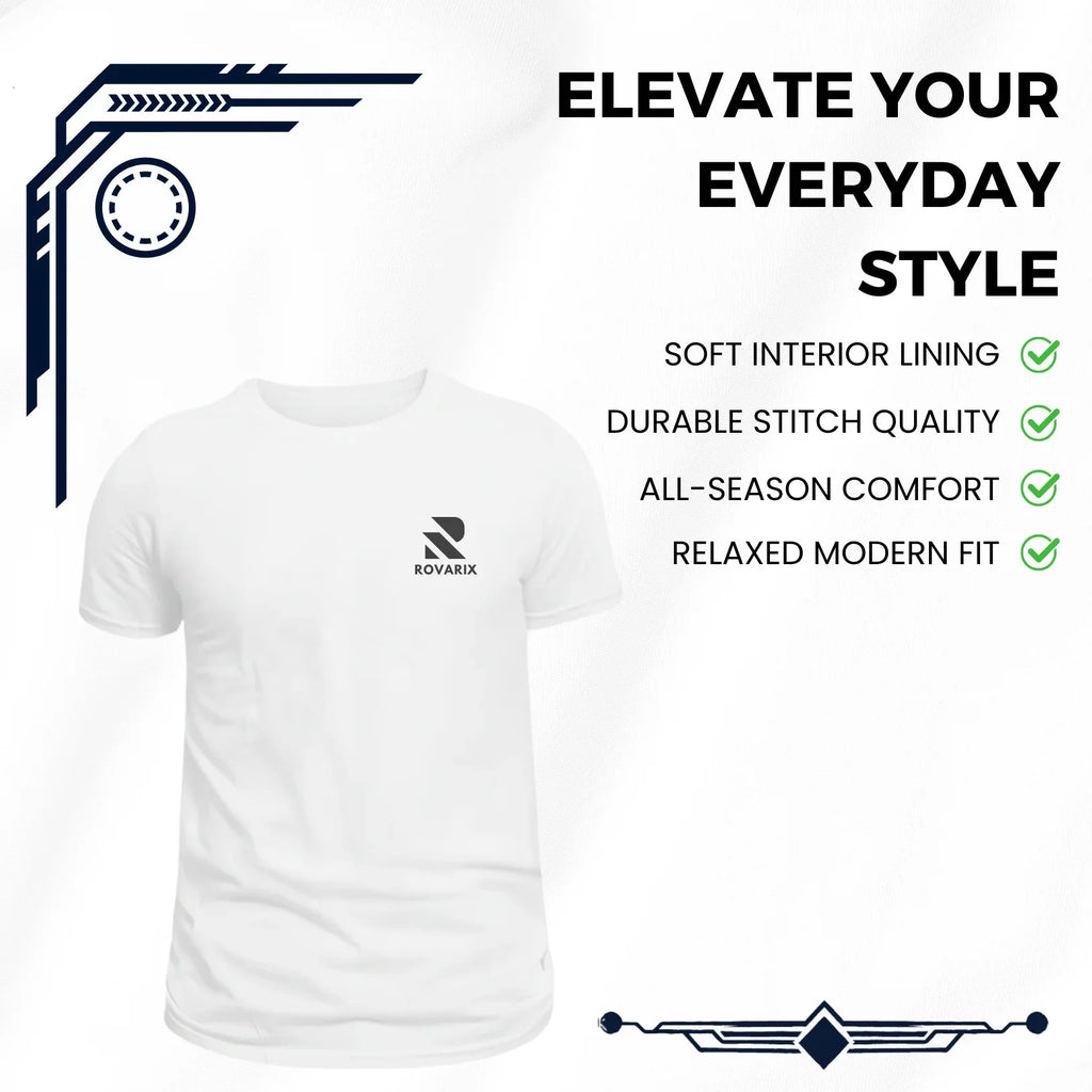 Rovarix white t-shirt back view showing minimal clean design