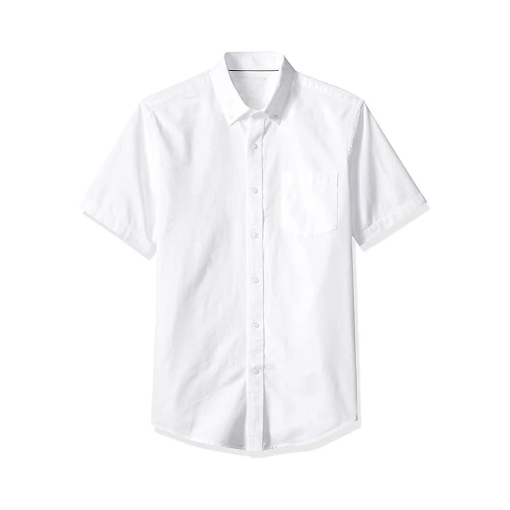 Rovarix men's white Oxford short sleeve button-down shirt with chest pocket structured collar