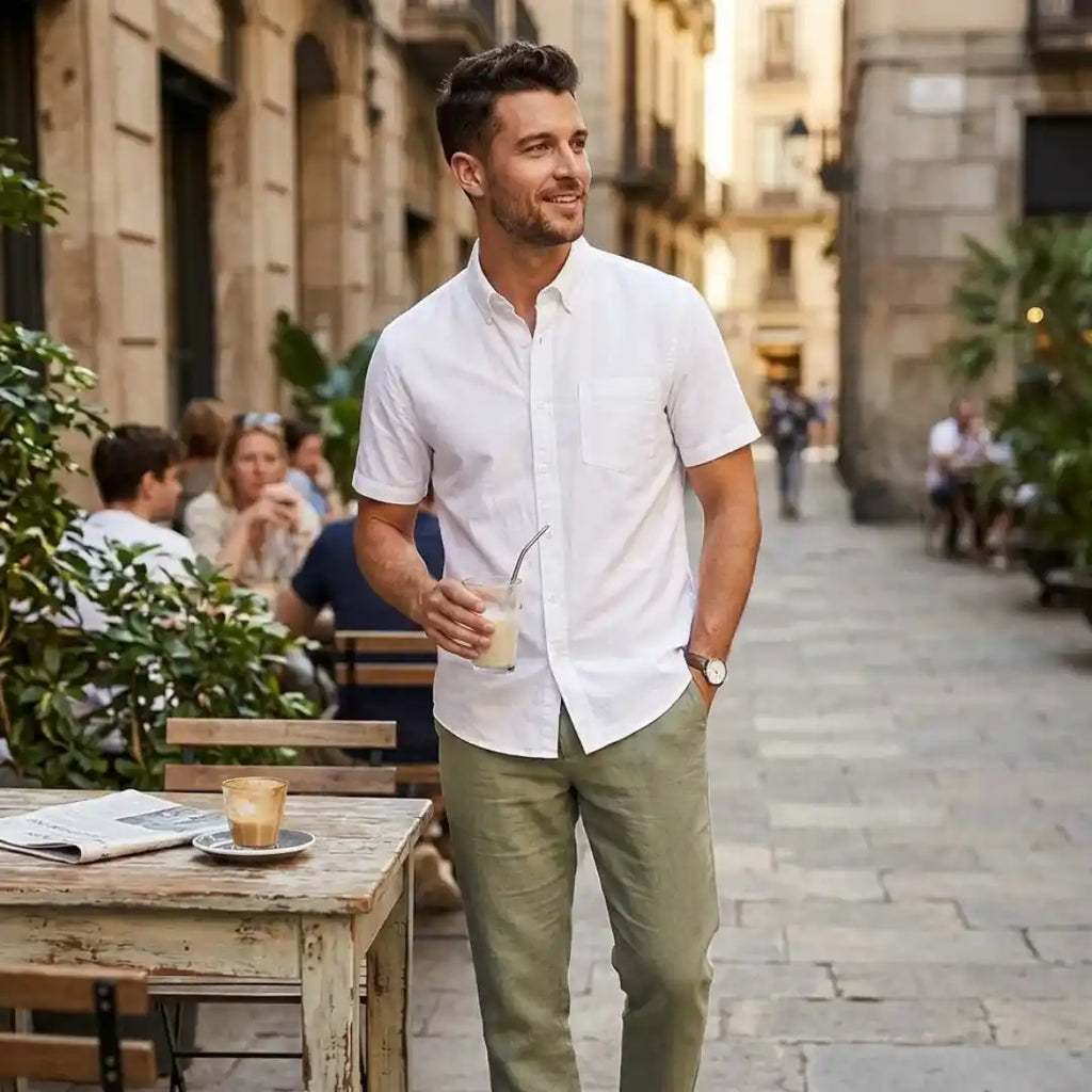 Man wearing Rovarix white Oxford short sleeve button-down shirt with olive green chinos holding iced