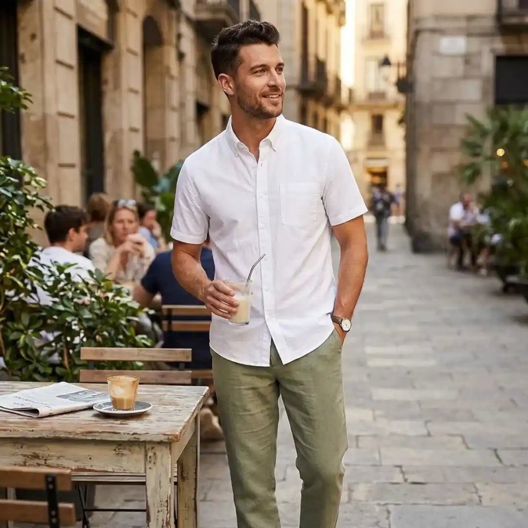 Man wearing Rovarix white Oxford short sleeve button-down shirt with olive green chinos holding iced