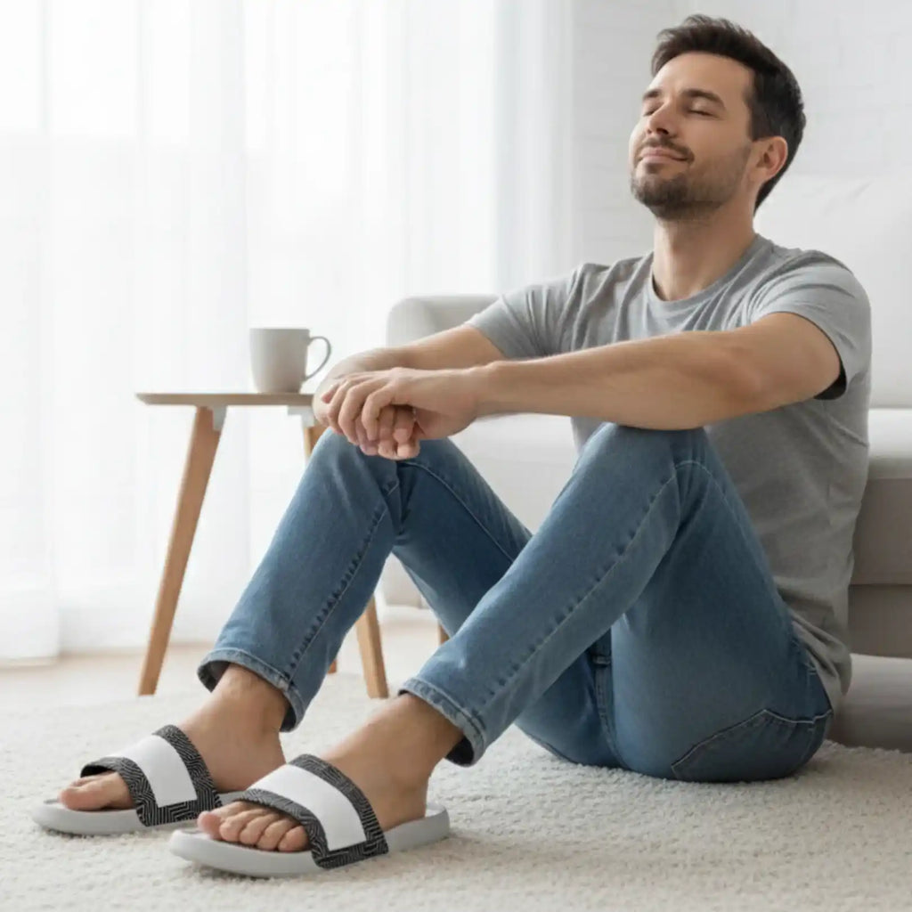 Man wearing Rovarix white slide sandals with black geometric pattern relaxing at home on carpet