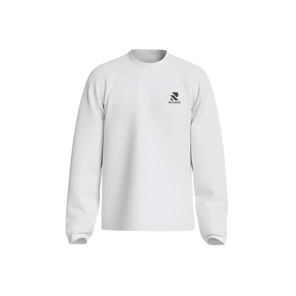 Rovarix white crewneck sweatshirt front view with black logo on left chest