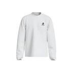 Rovarix white crewneck sweatshirt front view with black logo on left chest