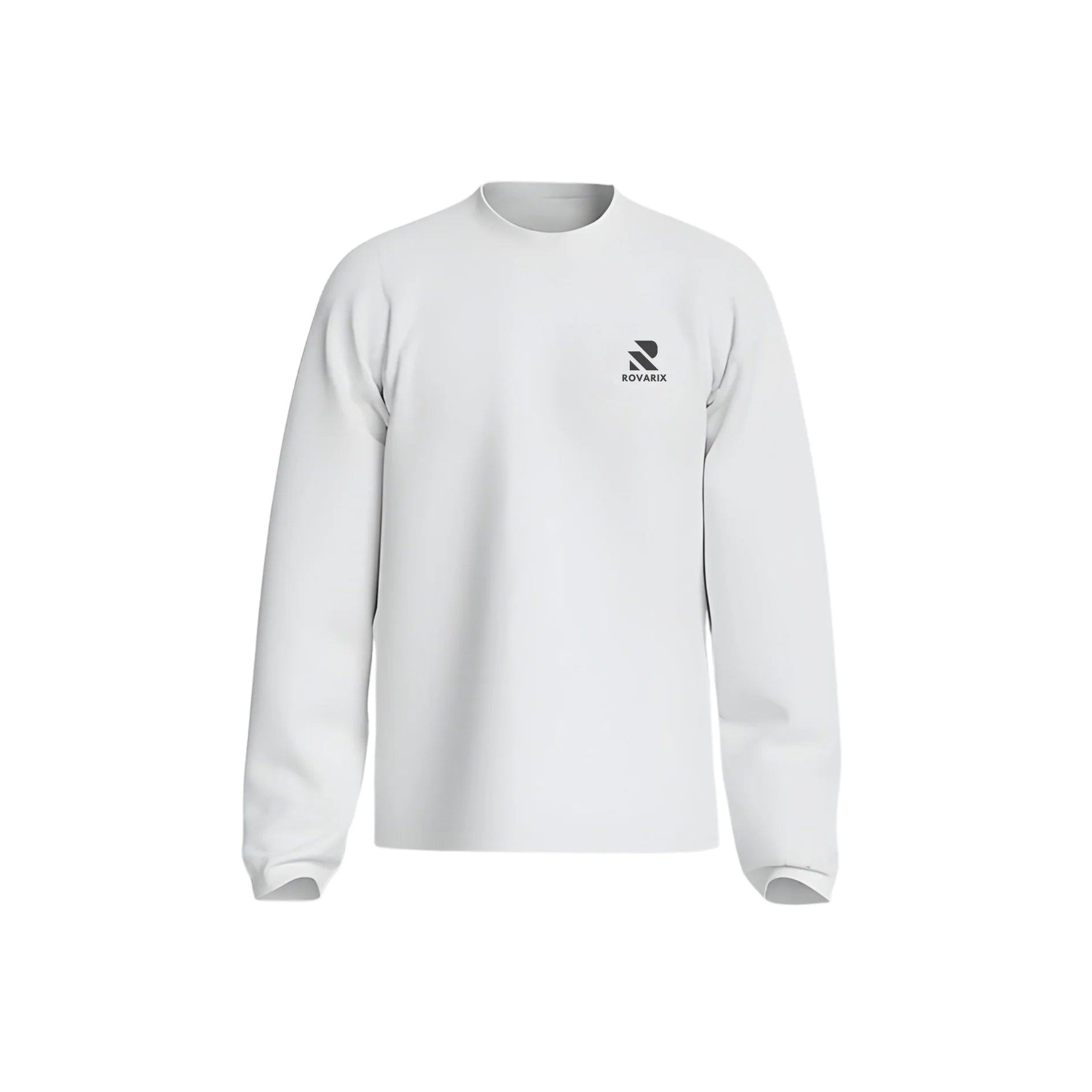 Rovarix white crewneck sweatshirt front view with black logo on left chest
