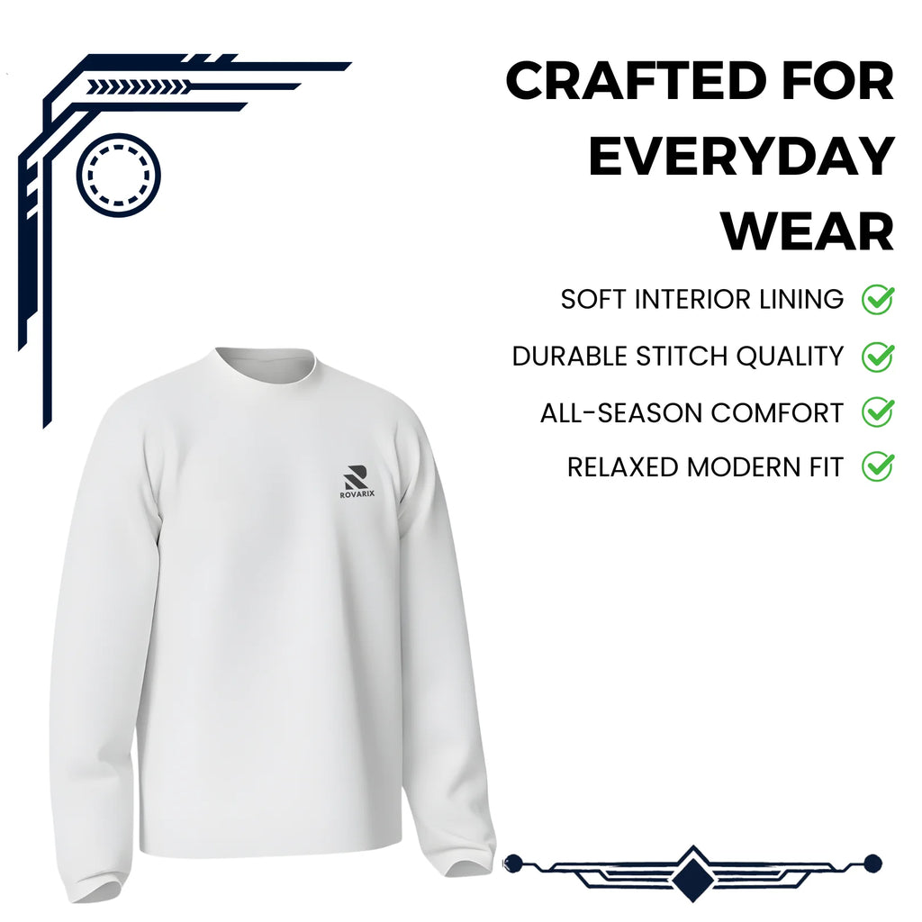 Rovarix white sweatshirt Front view showing clean minimal design
