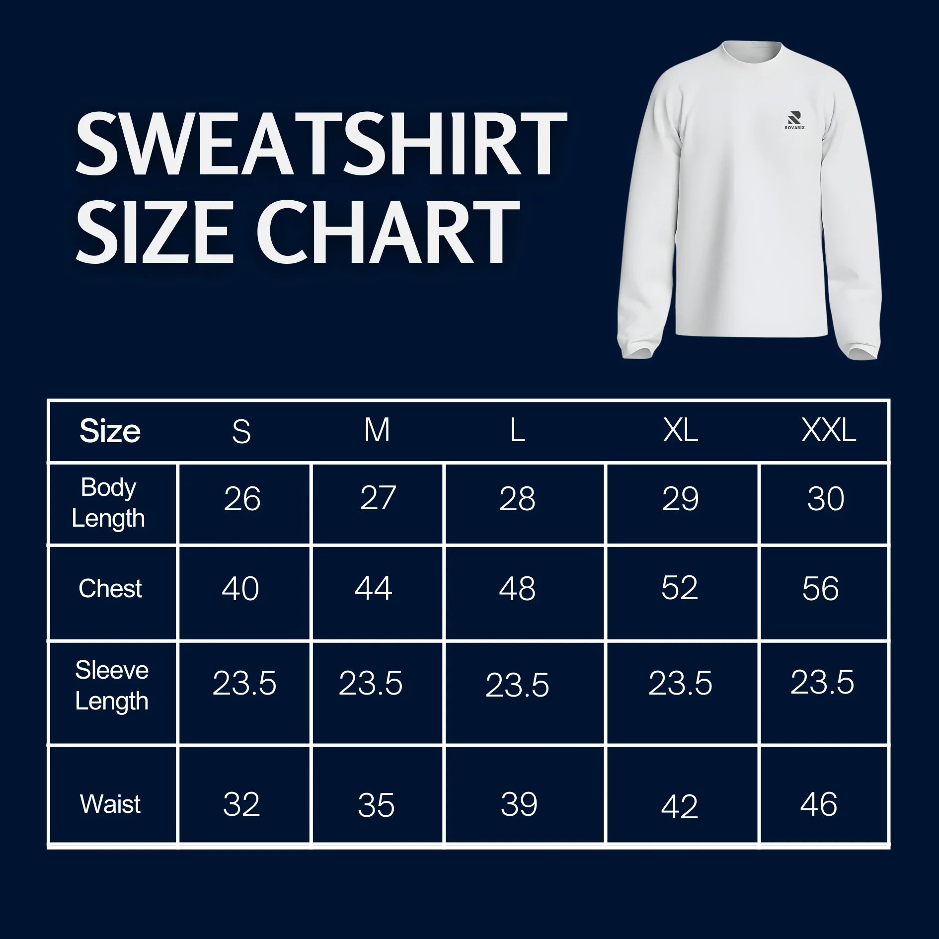 Rovarix White sweatshirt with size chart on a navy background