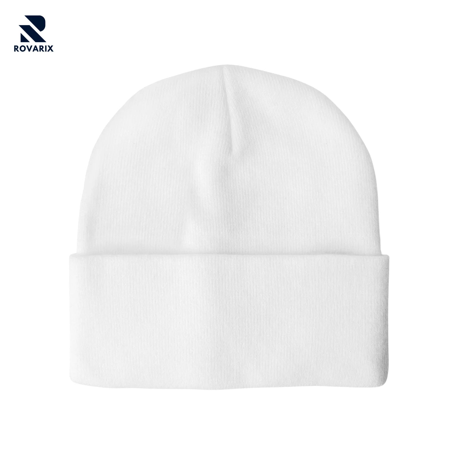 Rovarix classic white cuffed winter beanie hat with soft knit fabric and stretchy fit