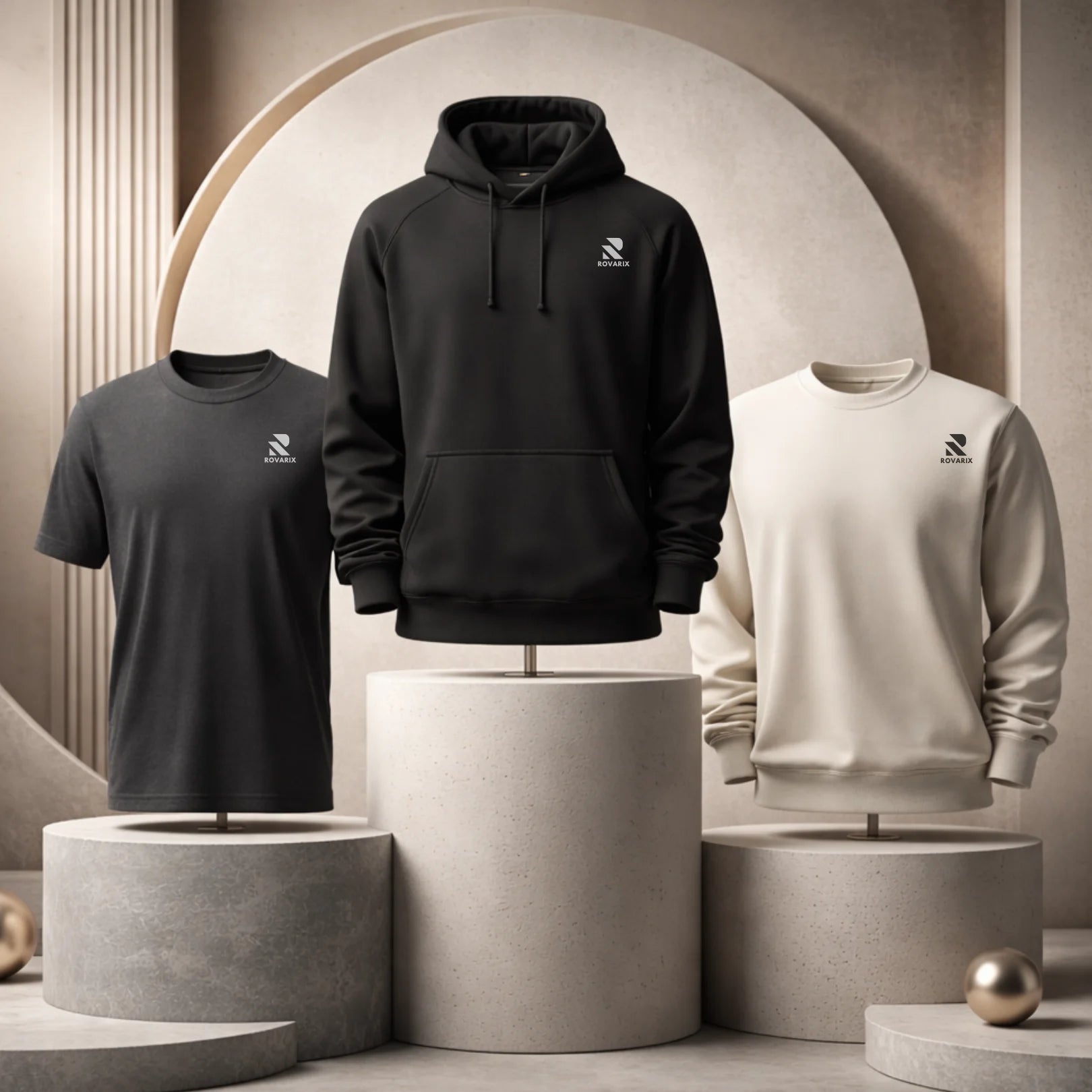 Black hoodie, black t-shirt, and white sweatshirt displayed on mannequins against a neutral background.