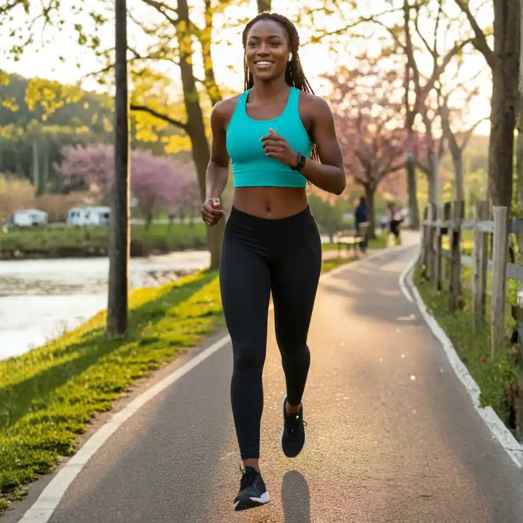 Woman wearing Rovarix black athletic leggings with turquoise sports bra running