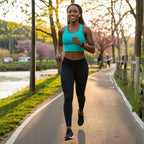 Woman wearing Rovarix black athletic leggings with turquoise sports bra running