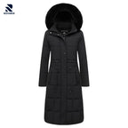 Rovarix women's black long puffer parka knee-length winter coat quilted insulated faux fur
