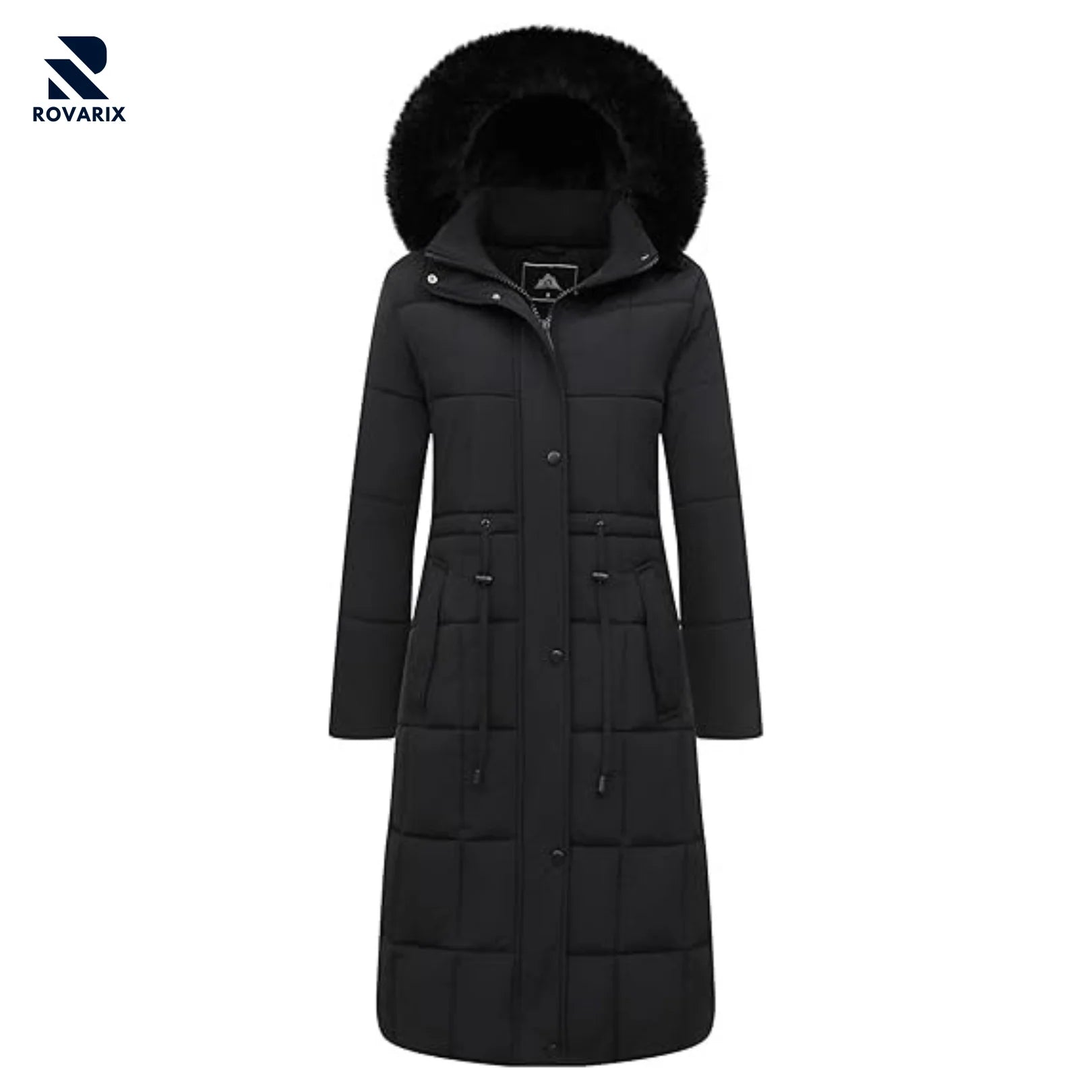 Rovarix women's black long puffer parka knee-length winter coat quilted insulated faux fur