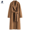 Rovarix women's camel wool-blend wrap coat knee-length wide lapel collar self-tie belt double-breasted 
