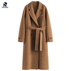 Rovarix women's camel wool-blend wrap coat knee-length wide lapel collar self-tie belt double-breasted 