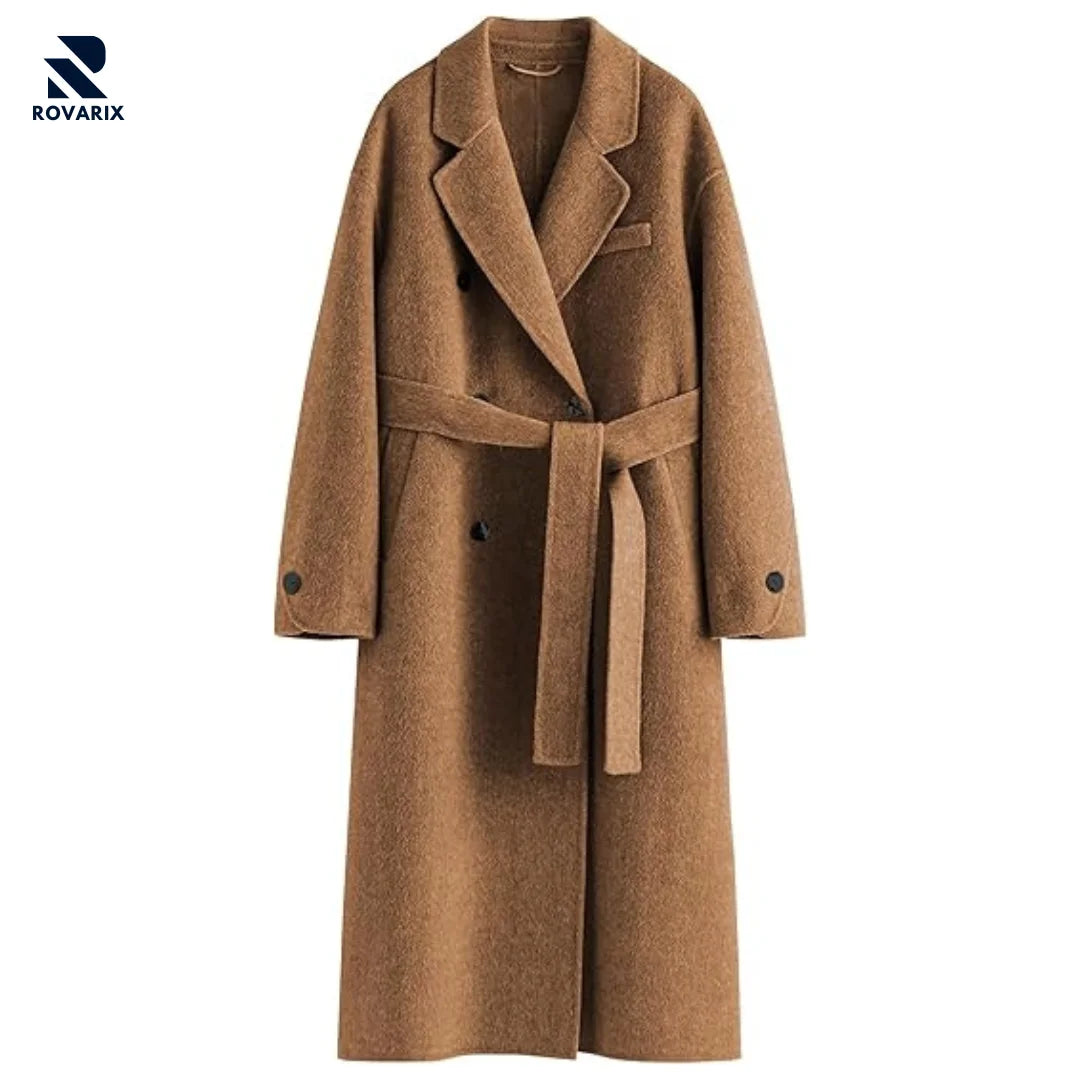 Rovarix women's camel wool-blend wrap coat knee-length wide lapel collar self-tie belt double-breasted 