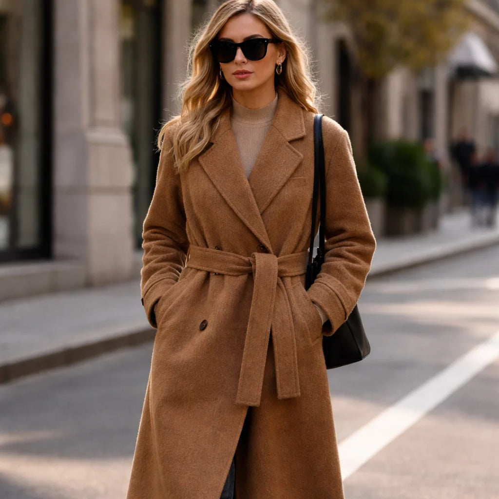 Woman wearing Rovarix camel wool-blend wrap coat with belt and sunglasses walking