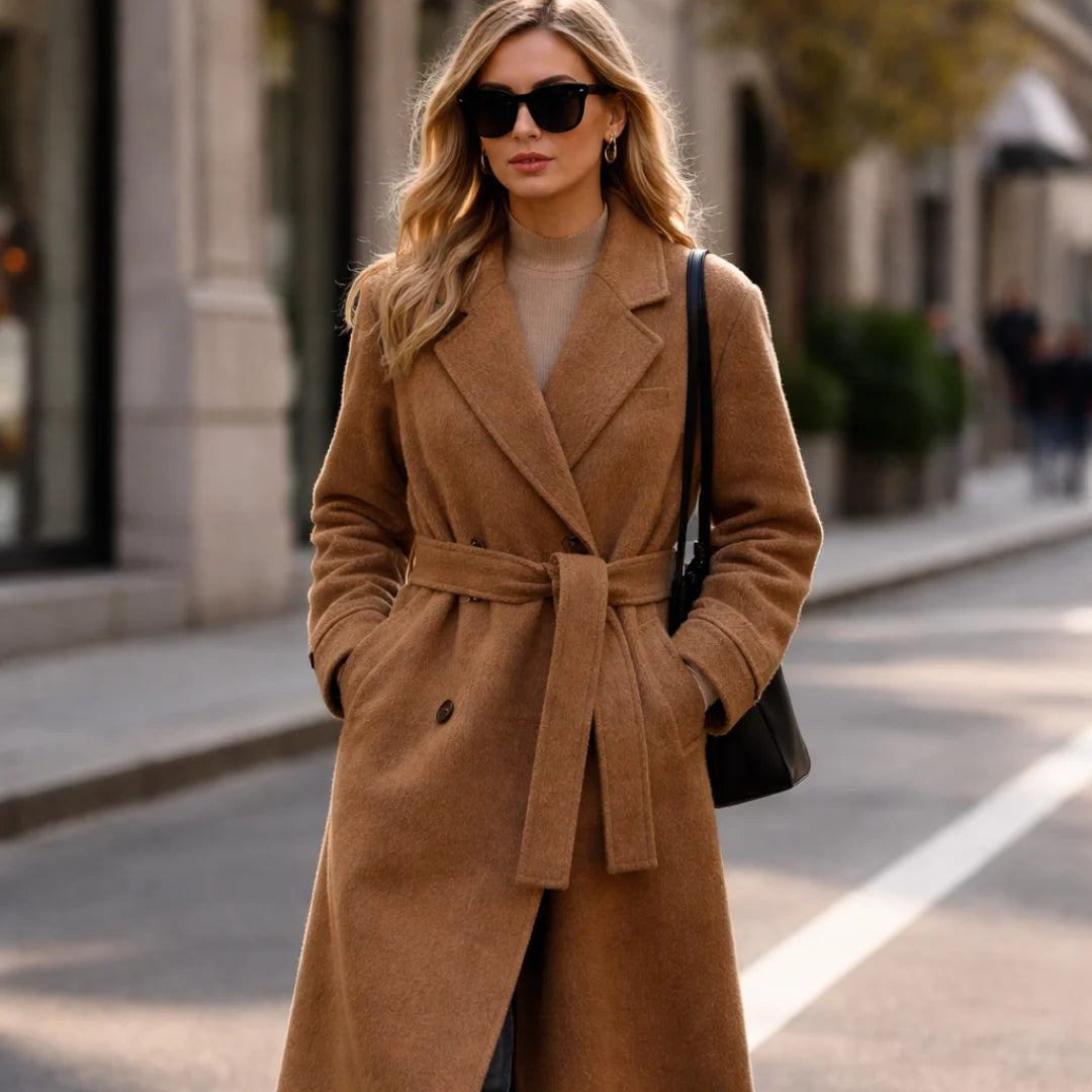 Woman wearing Rovarix camel wool-blend wrap coat with belt and sunglasses walking