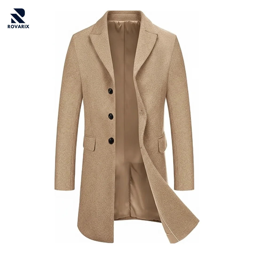 Rovarix men's camel wool-blend overcoat knee-length notched lapel tan satin lining three-button